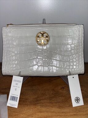 Tory Burch Ivory leather Carson Croc-Embossed Zip messenger clutch